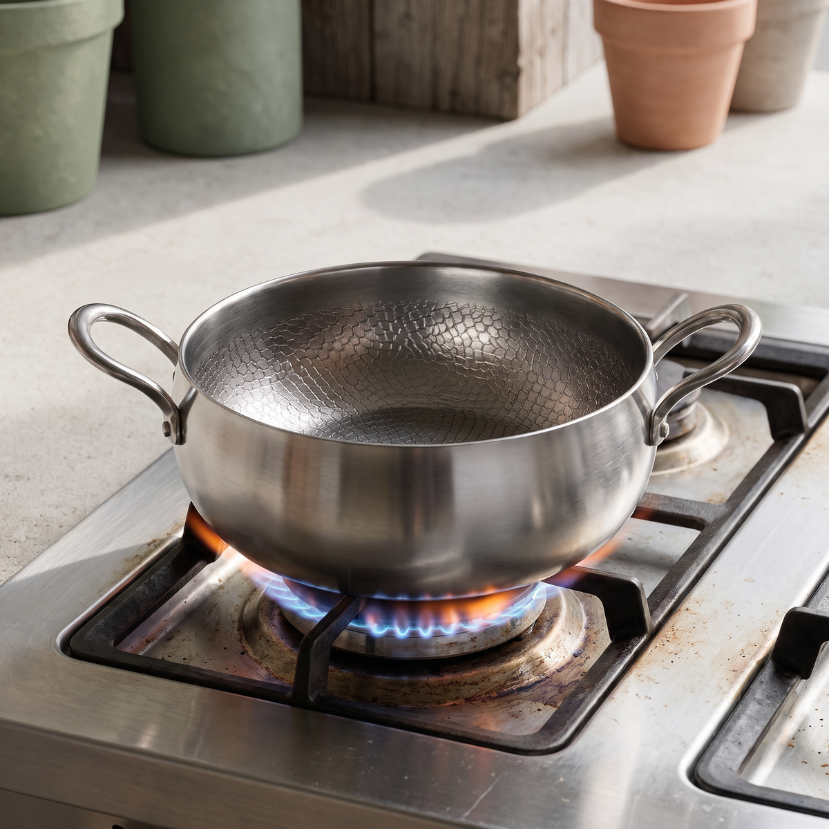 The empty hammered titanium pot with two riveted loop handles standing on a lit gas burner set into a stainless steel range top.