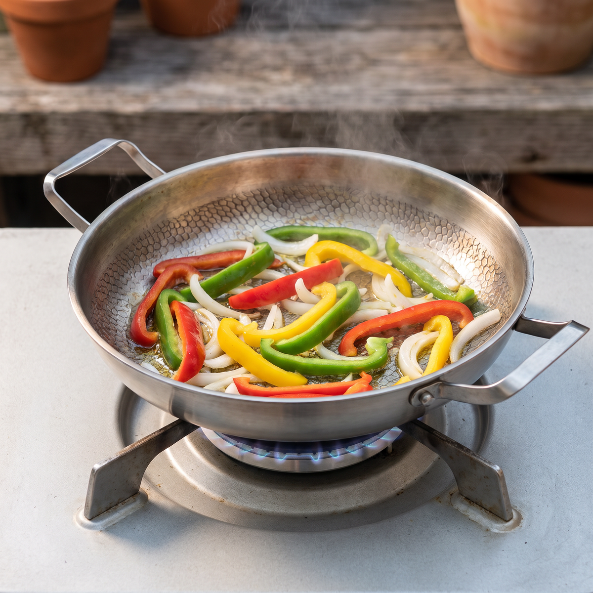 Close-up of the riveted join where one flat loop handle meets the pan wall, with the hammered honeycomb texture running up beside it on the two-handled hammered metal sauté pan.