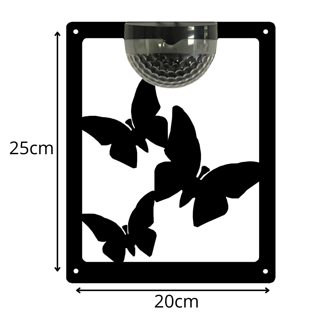 Butterfly solar plaque on white, marked 20 cm wide and 25 cm high