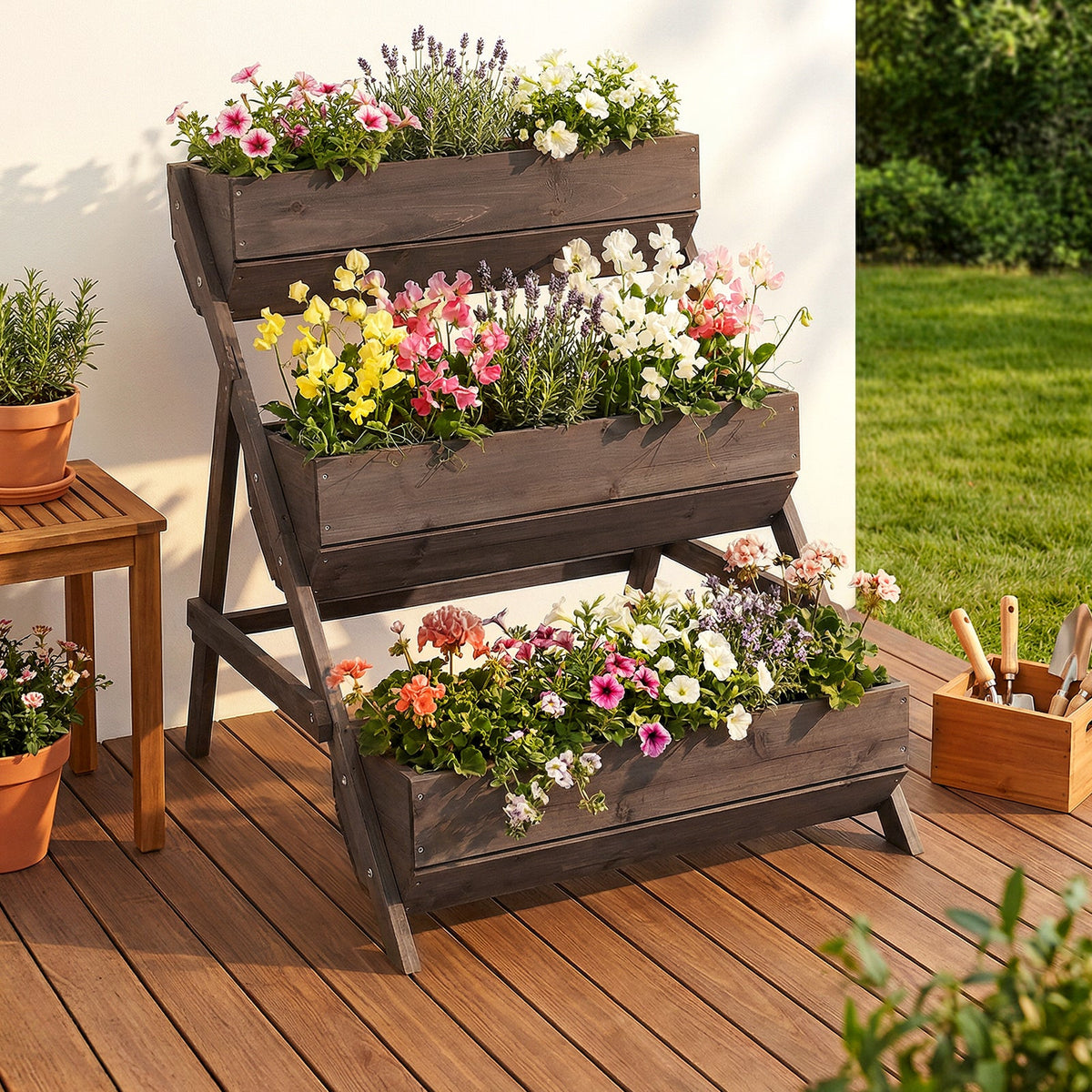 Brown three-tier wooden planter full of flowers on a wooden deck