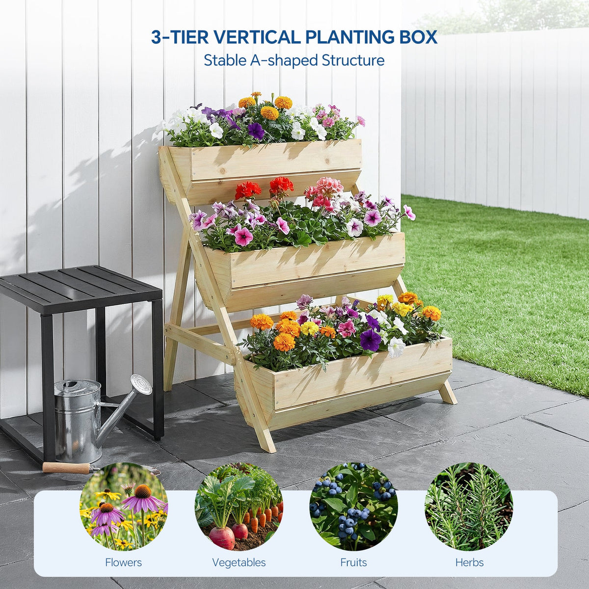 Natural wood three-tier planter with flowers on a patio beside a lawn