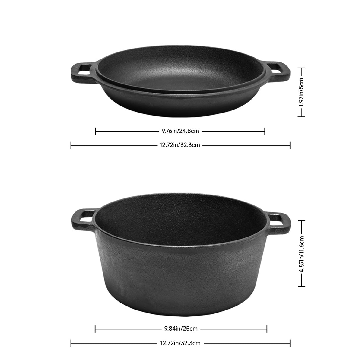 Lid-pan and pot on white, marked 24.8 cm and 25 cm across, 32.3 cm with handles, 5 cm and 11.6 cm deep