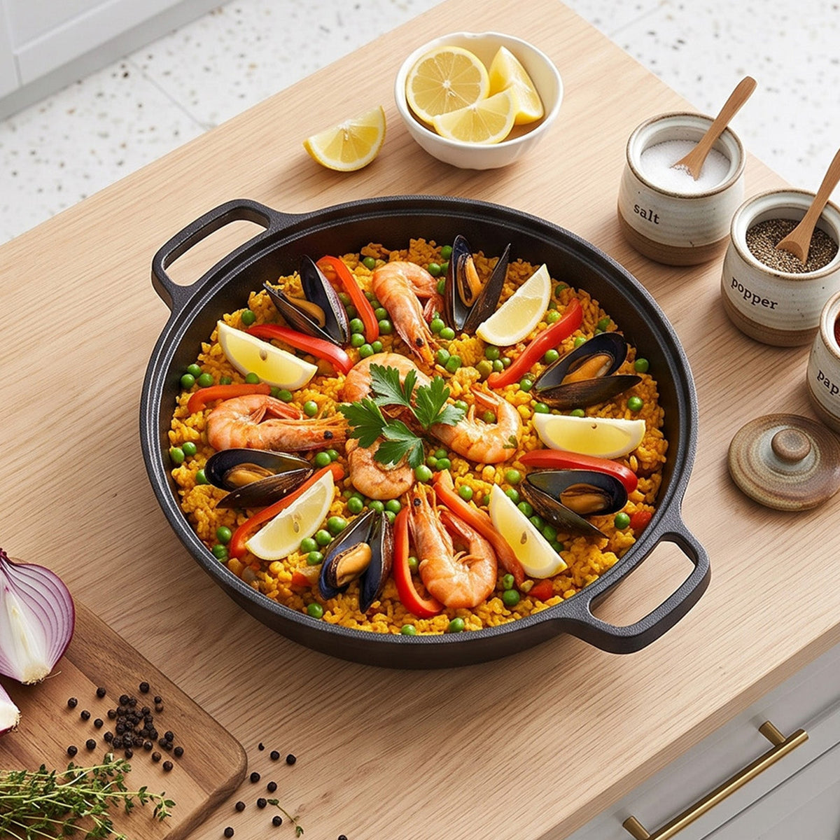 Seafood paella with prawns, mussels and lemon in the two-handled cast iron skillet