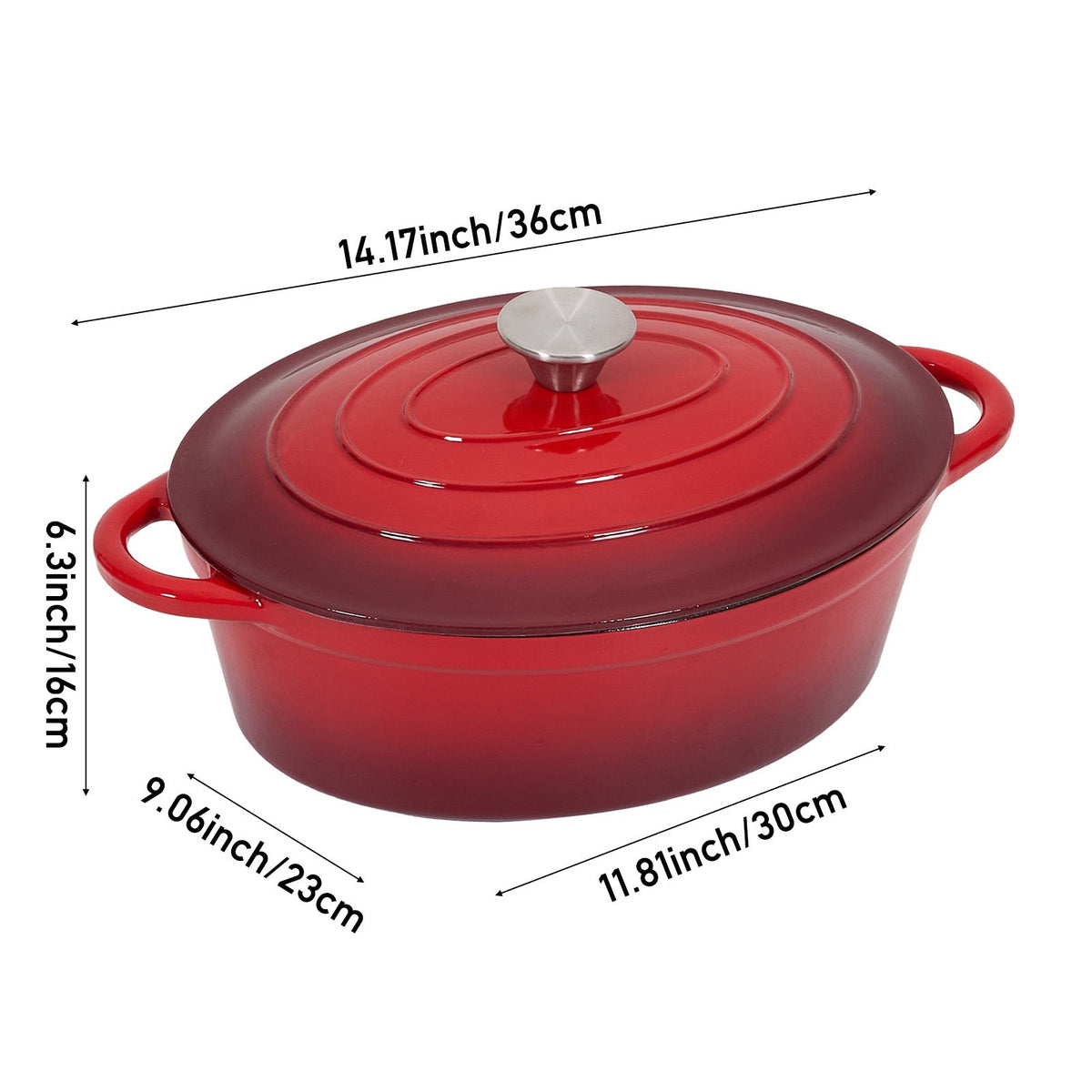 Red oval Dutch oven on white, marked 36 cm with handles, 30 by 23 cm and 16 cm high