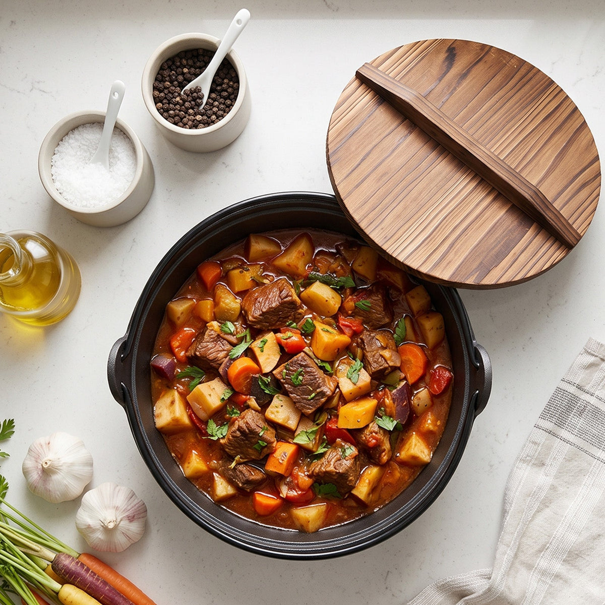 Top view of the cast iron pot filled with beef stew, its wooden lid set beside it