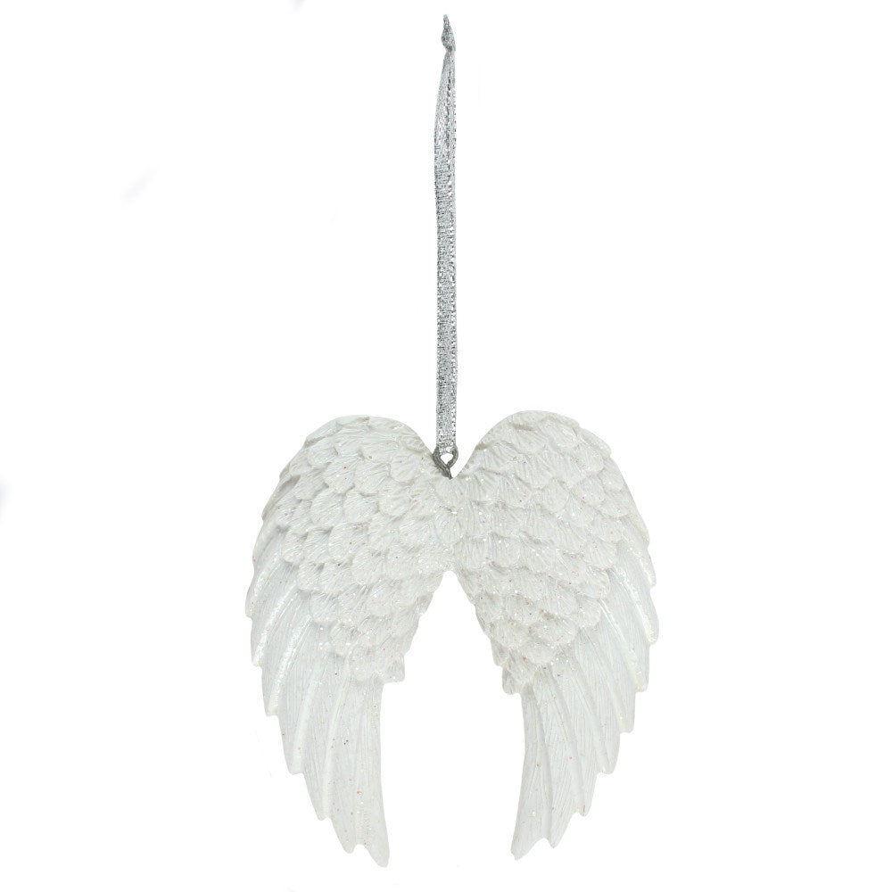 White double angel wing decoration with glitter feathers on a silver ribbon on white