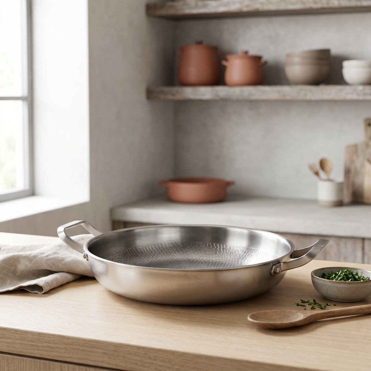 Two-handled hammered metal sauté pan on a pale oak kitchen counter beside a folded linen cloth, a small stoneware bowl of chopped herbs and a wooden spoon.