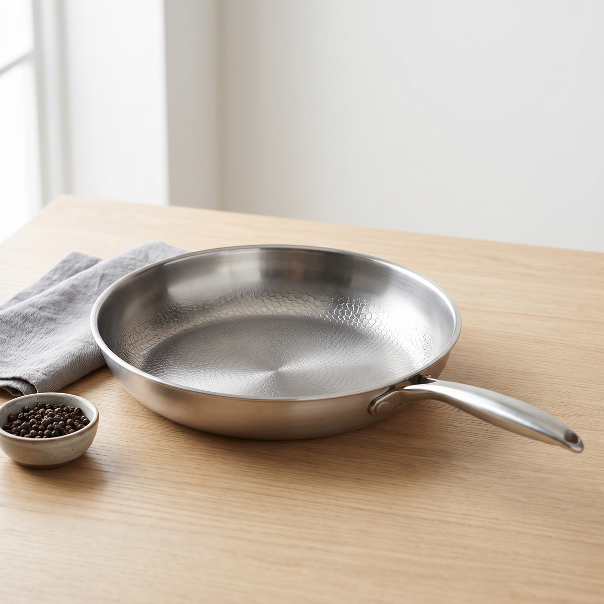 Empty frying pan with a honeycomb textured base, resting on a pale wood tabletop with a folded grey cloth behind it and a small speckled bowl of black peppercorns at its left.