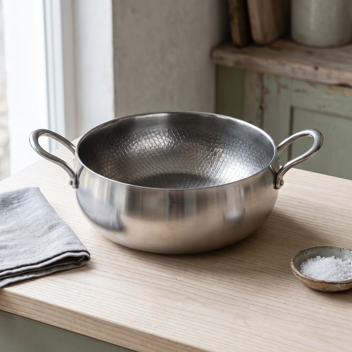 Deep hammered titanium pot with two riveted loop handles empty on a pale ash kitchen counter beside a folded grey linen cloth and a small ceramic dish of coarse salt.