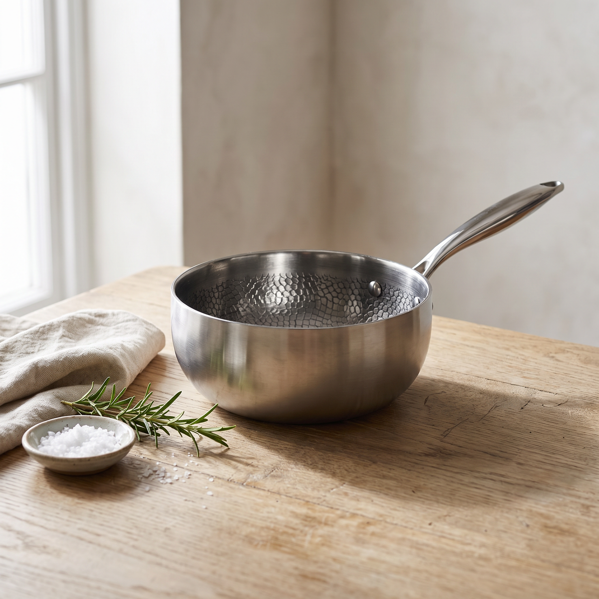 The saute pan stands uncovered on a wooden table, its hammered interior and long riveted handle in view, beside a crumpled linen cloth, a rosemary sprig and a small dish of coarse salt.