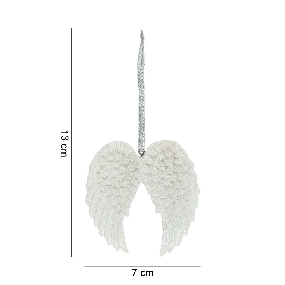 The angel wing decoration on white with lines marking its 13 cm height and 7 cm width