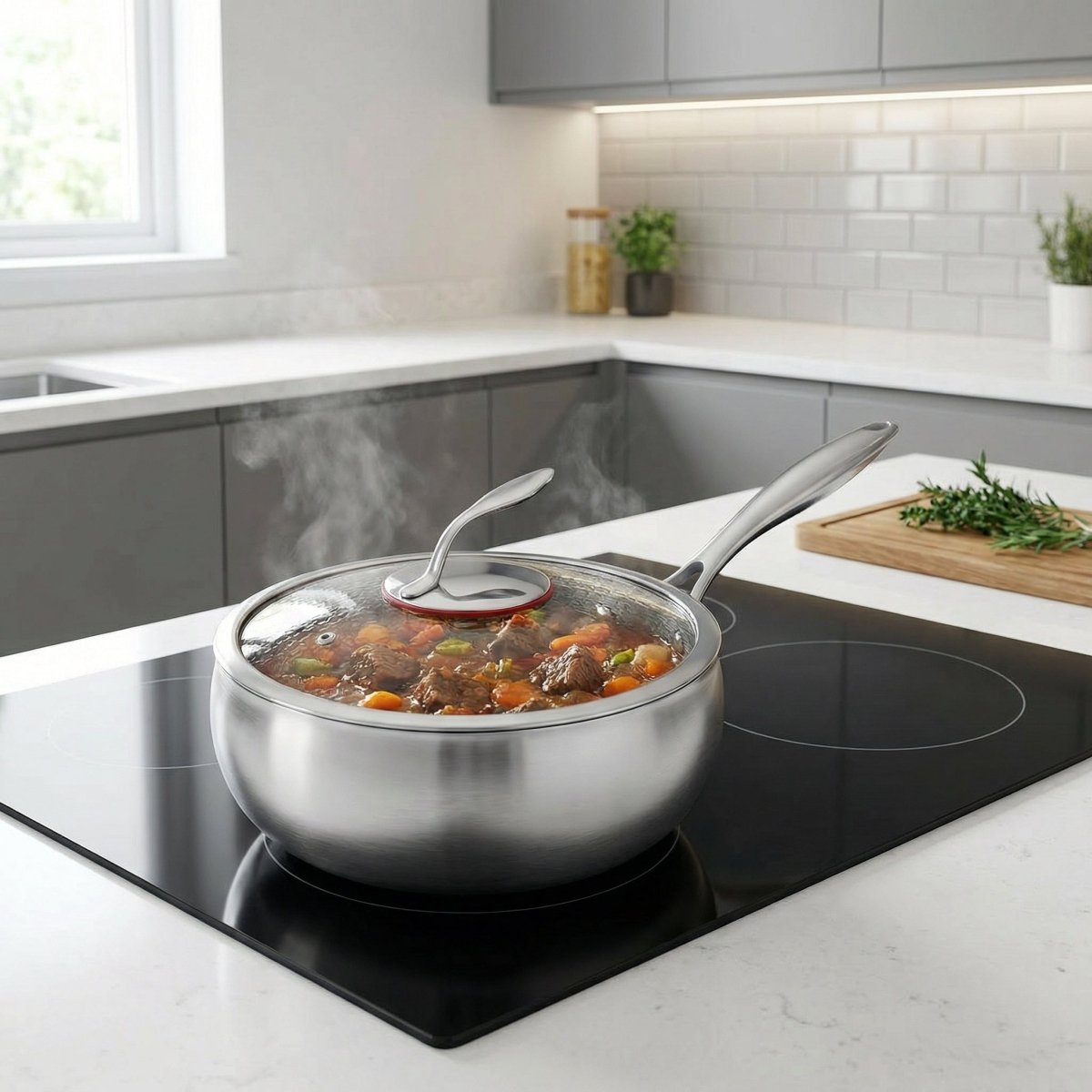 The lidded pan simmering a beef and vegetable stew on a black induction hob in a bright white kitchen.