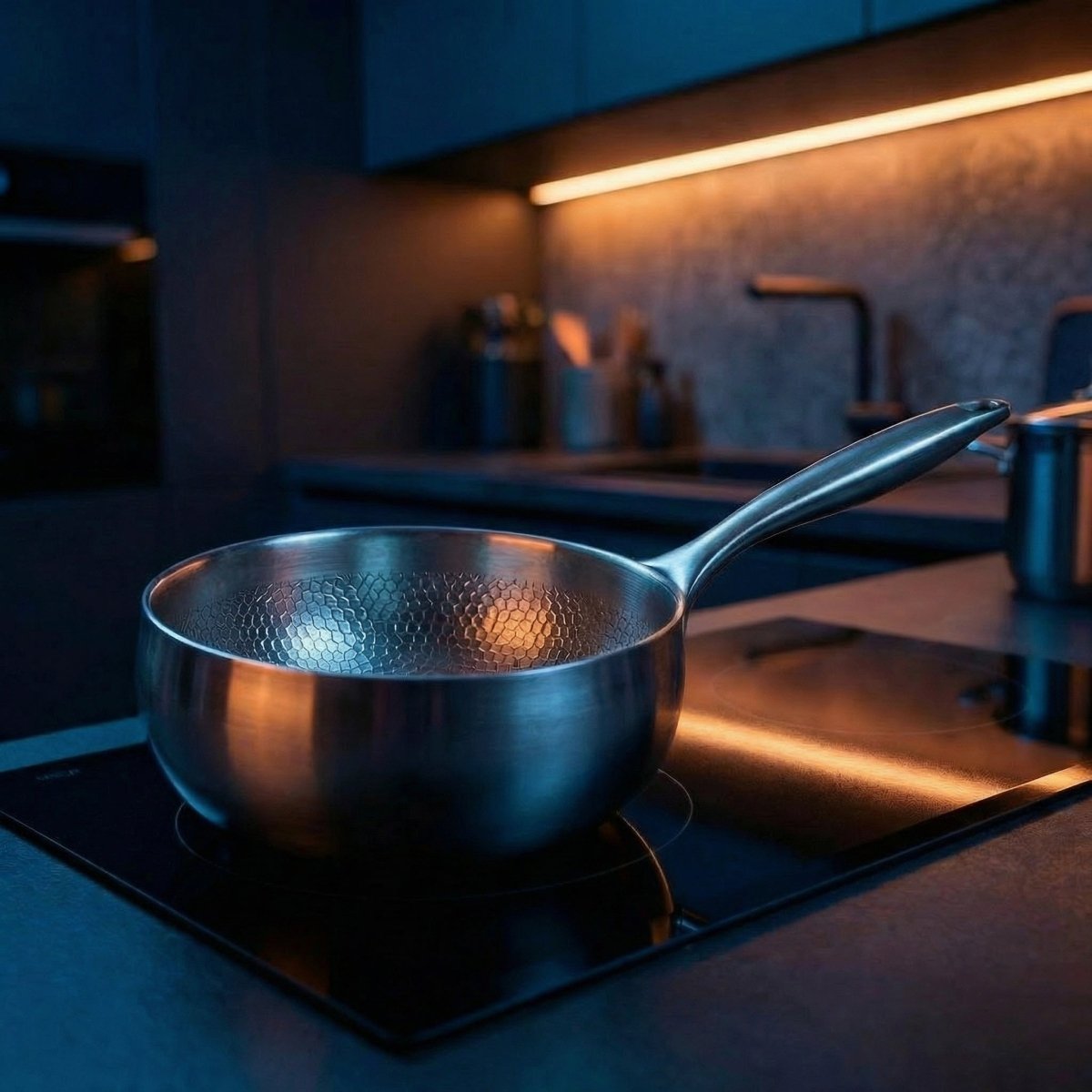 The pan on a black induction hob in a dark modern kitchen, with warm strip lighting catching its hammered interior.
