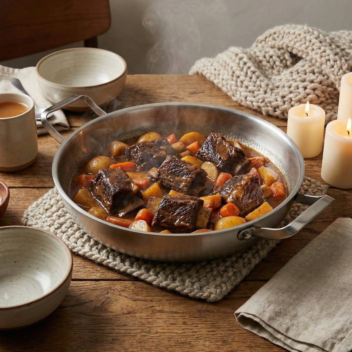 Braised beef with carrots and potatoes in the pan, set on a knitted mat on a wooden table beside candles and stoneware bowls.
