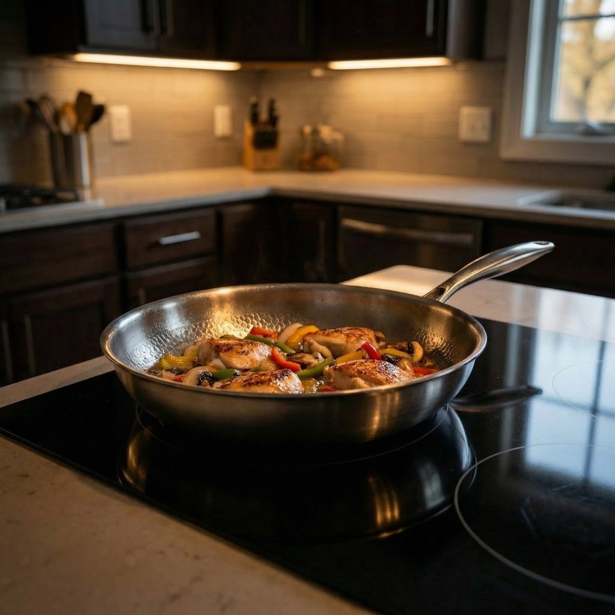 The pan on a black glass hob in a kitchen, holding browned chicken thighs with strips of red and green pepper.