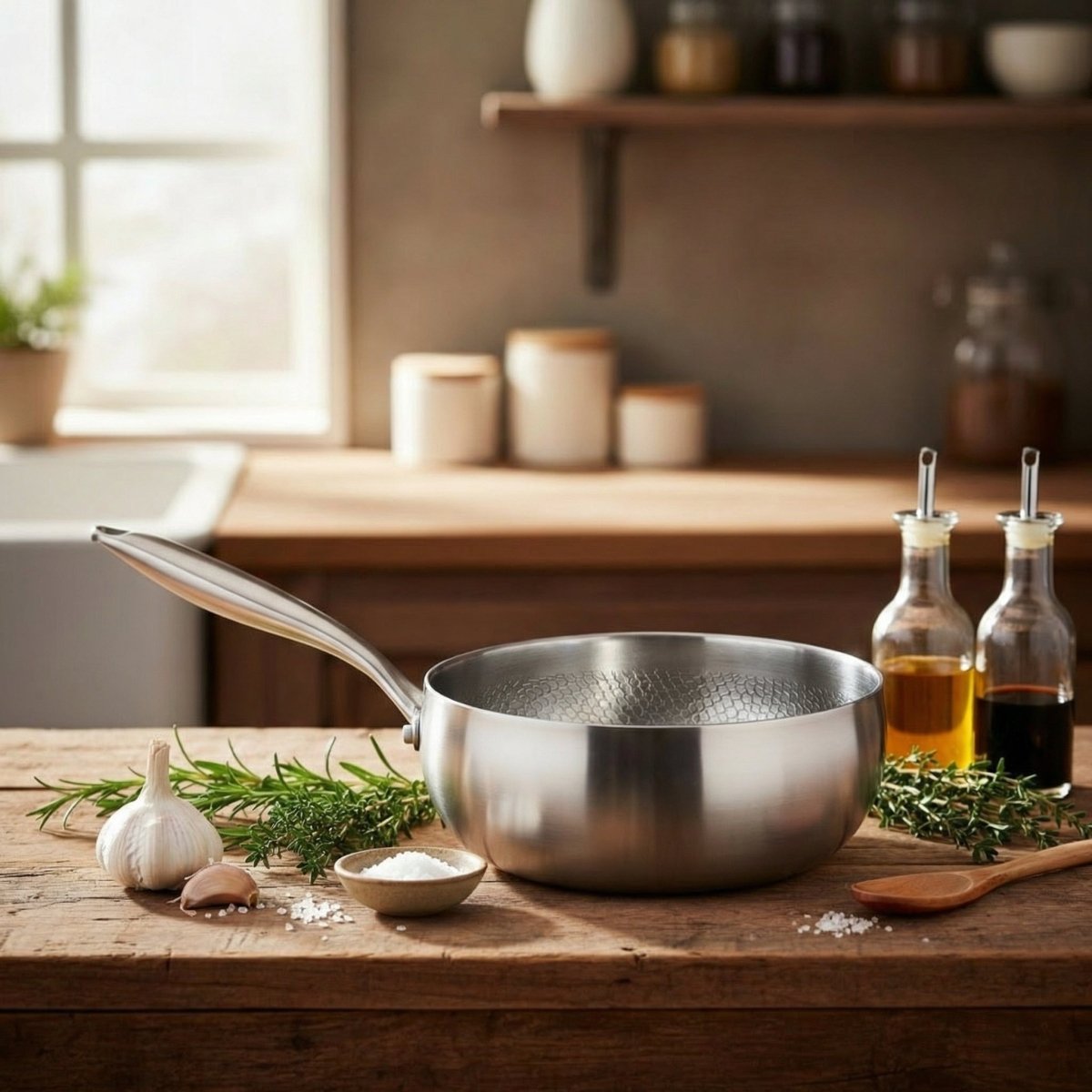 The uncovered pan on a rustic wooden table beside garlic, fresh rosemary and thyme, a dish of salt and two glass oil bottles.