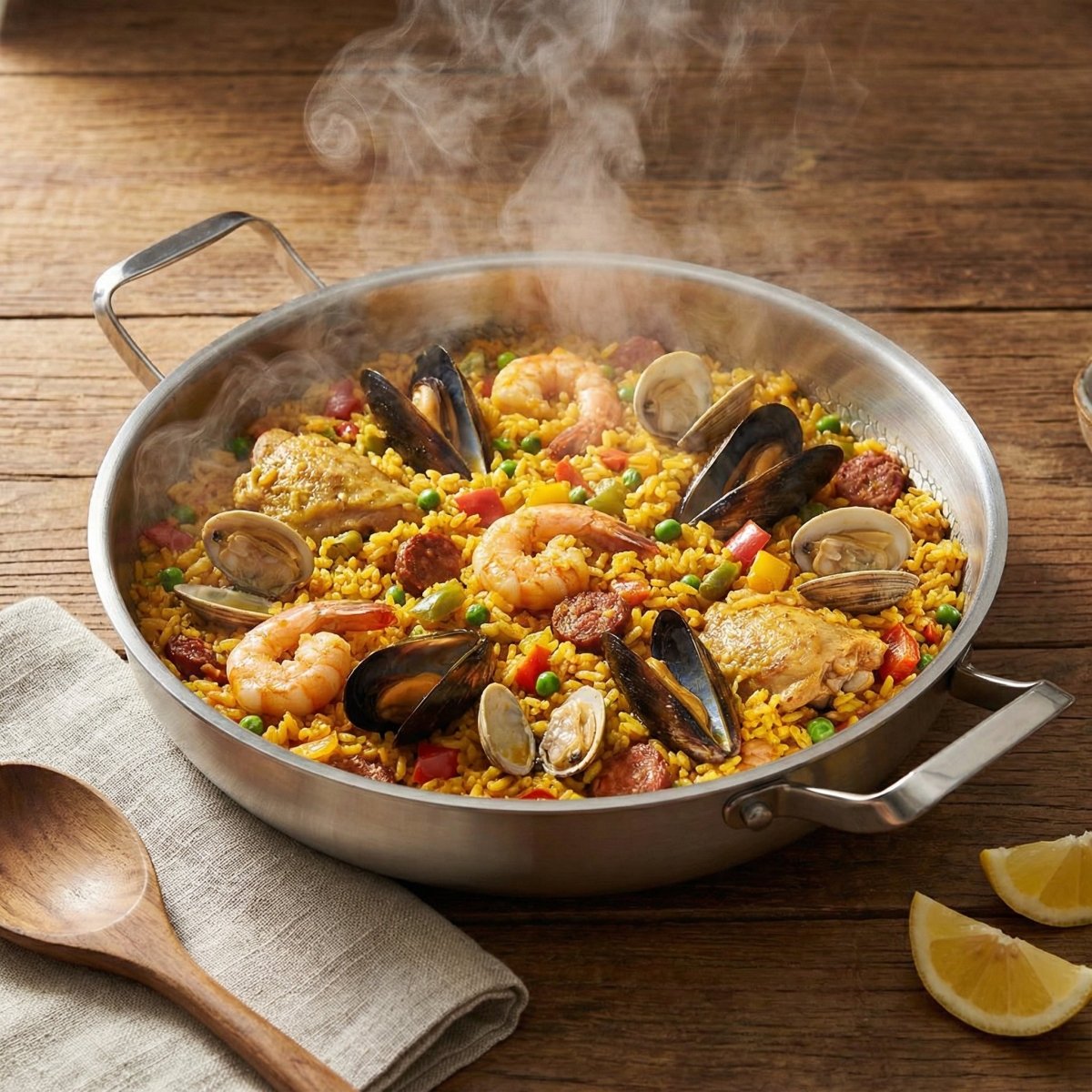Seafood and chicken paella steaming in the pan on a rustic wooden table, beside a wooden spoon and lemon wedges.