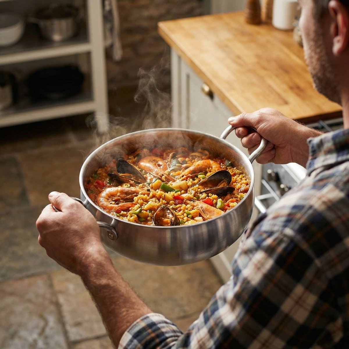A cook carries the pot by both handles across a farmhouse kitchen, filled with saffron rice, prawns and mussels.