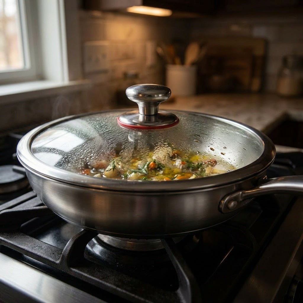The pan on a gas hob with the glass lid on and misted with condensation, vegetables simmering underneath.