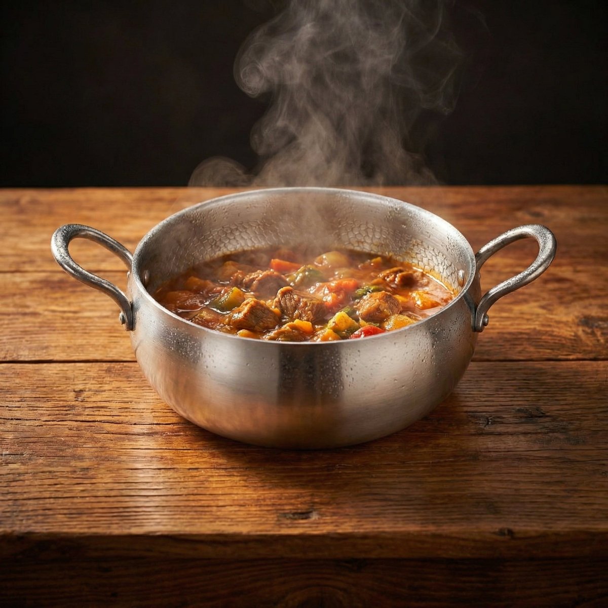 The pot full of steaming meat and vegetable stew, standing on a rough wooden table against a dark background.