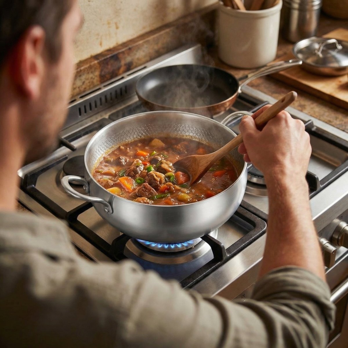 Beef and vegetable stew simmers in the hammered pot over a lit gas burner, with a wooden spoon resting in the broth.