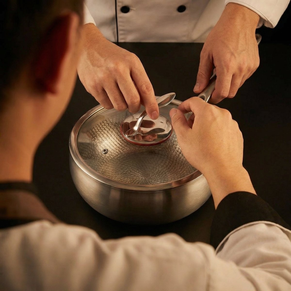 A cook in a white jacket steadies the pan on a dark counter, one hand on the glass lid's knob and one on the handle.