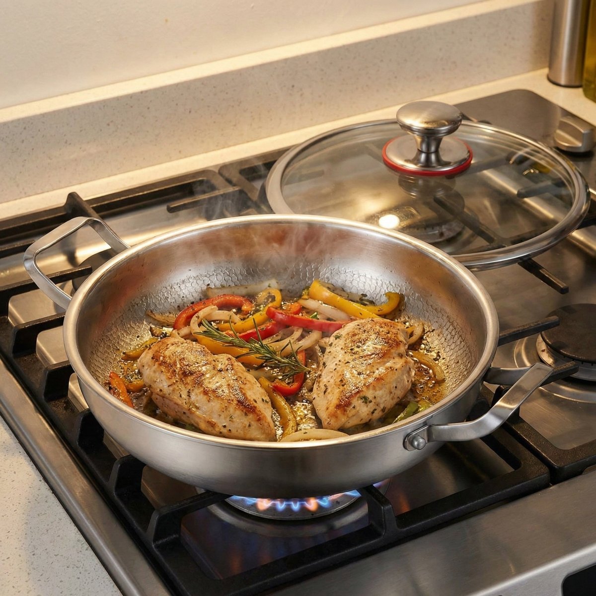Chicken breasts and pepper strips cooking in the pan on a lit gas hob, with the glass lid resting on the burner behind.