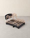 Two-tier rose gold dish drying rack with black drip tray and cutlery holder, empty