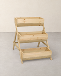 Three-tier natural fir wood planter with three stepped boxes on A-frame legs