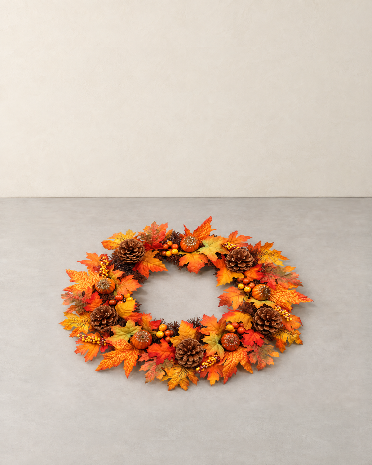 Round orange autumn wreath with maple leaves, pine cones, berry clusters and small pumpkins, lying flat