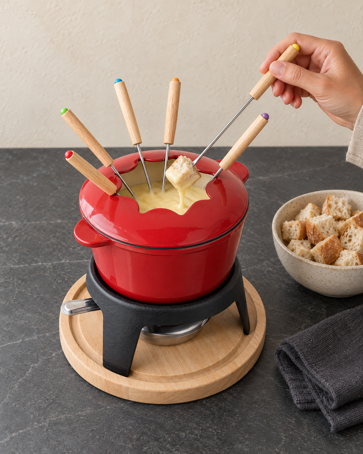 Bread cube dipped in melted cheese from the red cast iron fondue pot on its stand, with a bowl of bread