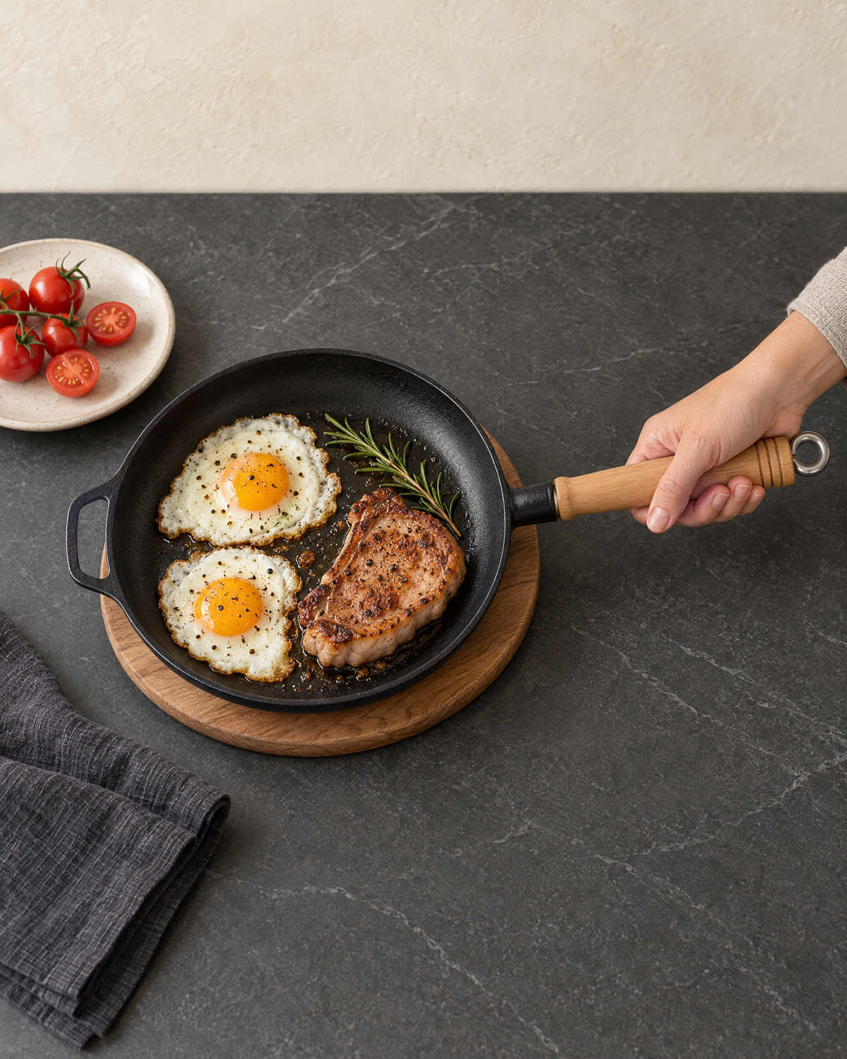 Cast iron skillet with two fried eggs and a pork chop on a wooden trivet, a hand holding the wooden handle