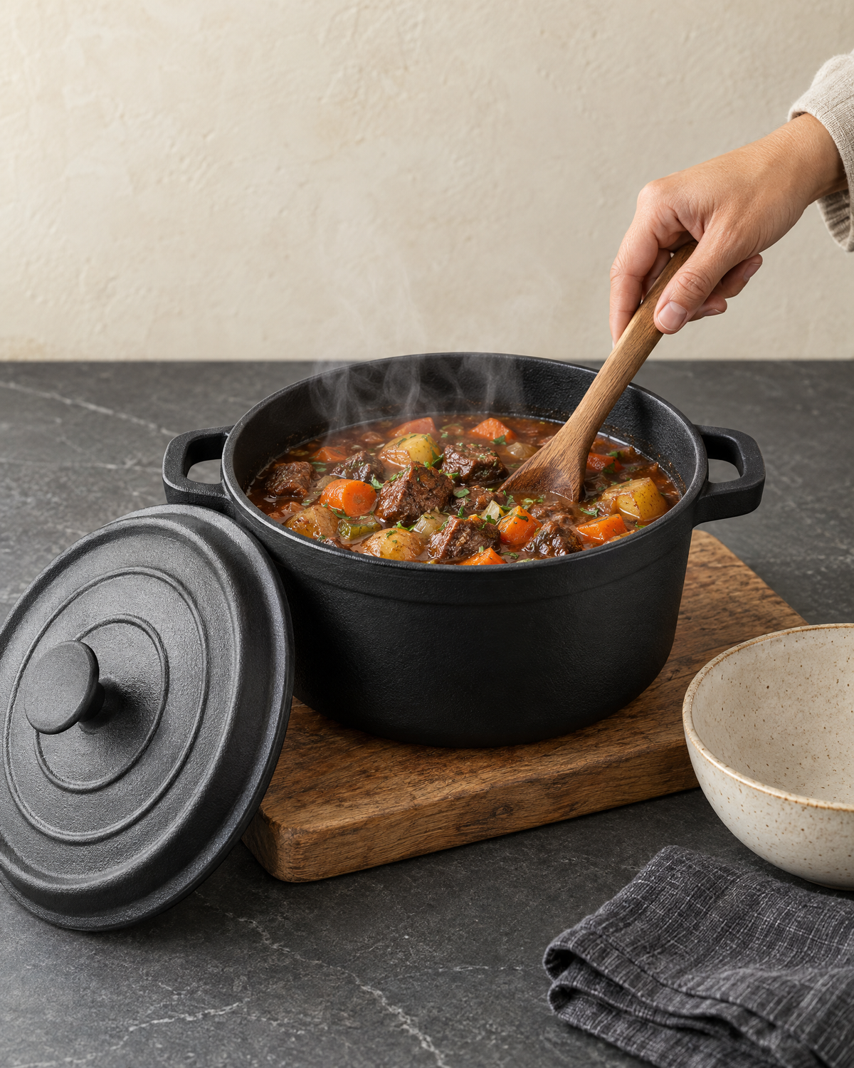 Black cast iron Dutch oven filled with beef stew on a wooden board, lid set beside it
