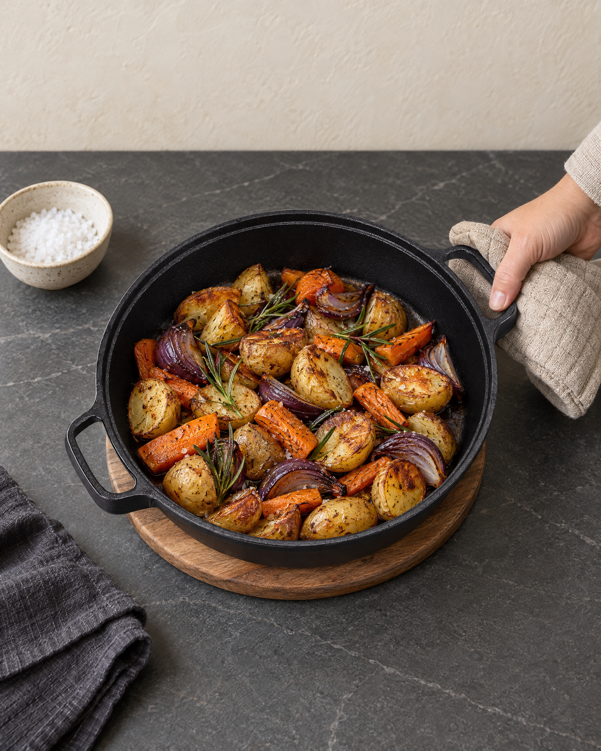 Cast iron skillet of roasted potatoes, carrots and red onion on a wooden trivet, held by one handle