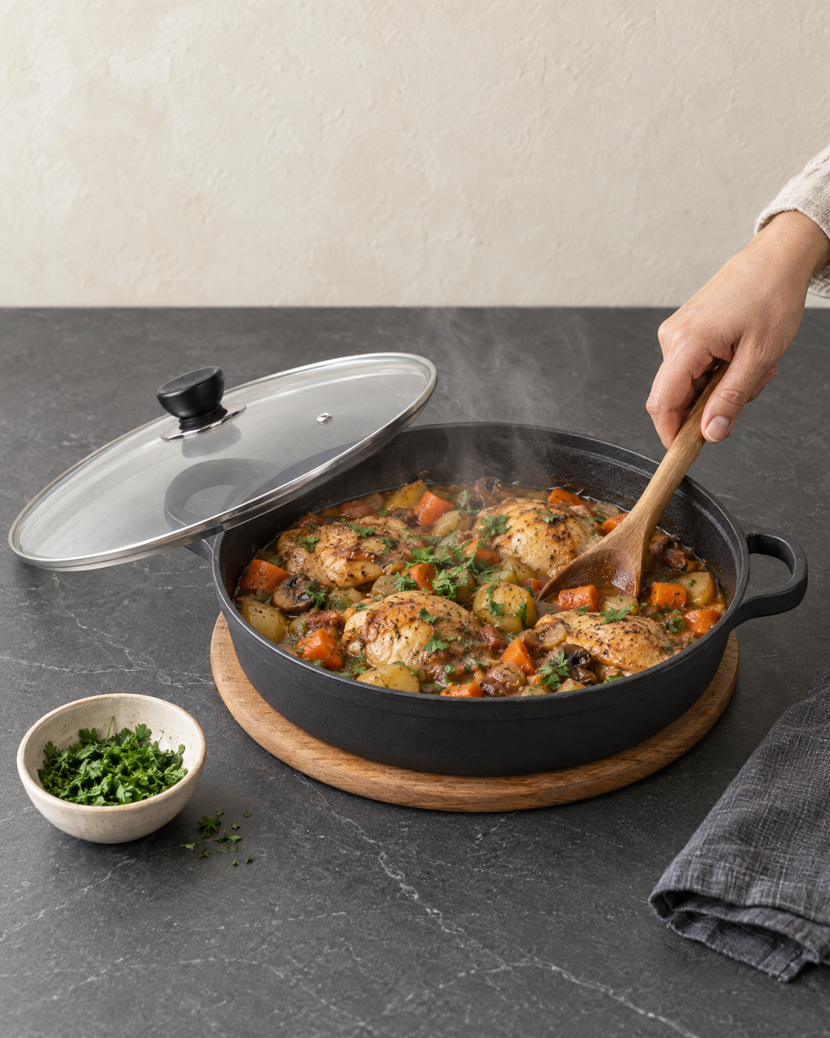 Cast iron braiser filled with chicken and vegetable braise, glass lid tilted beside it, a hand stirring with a wooden spoon