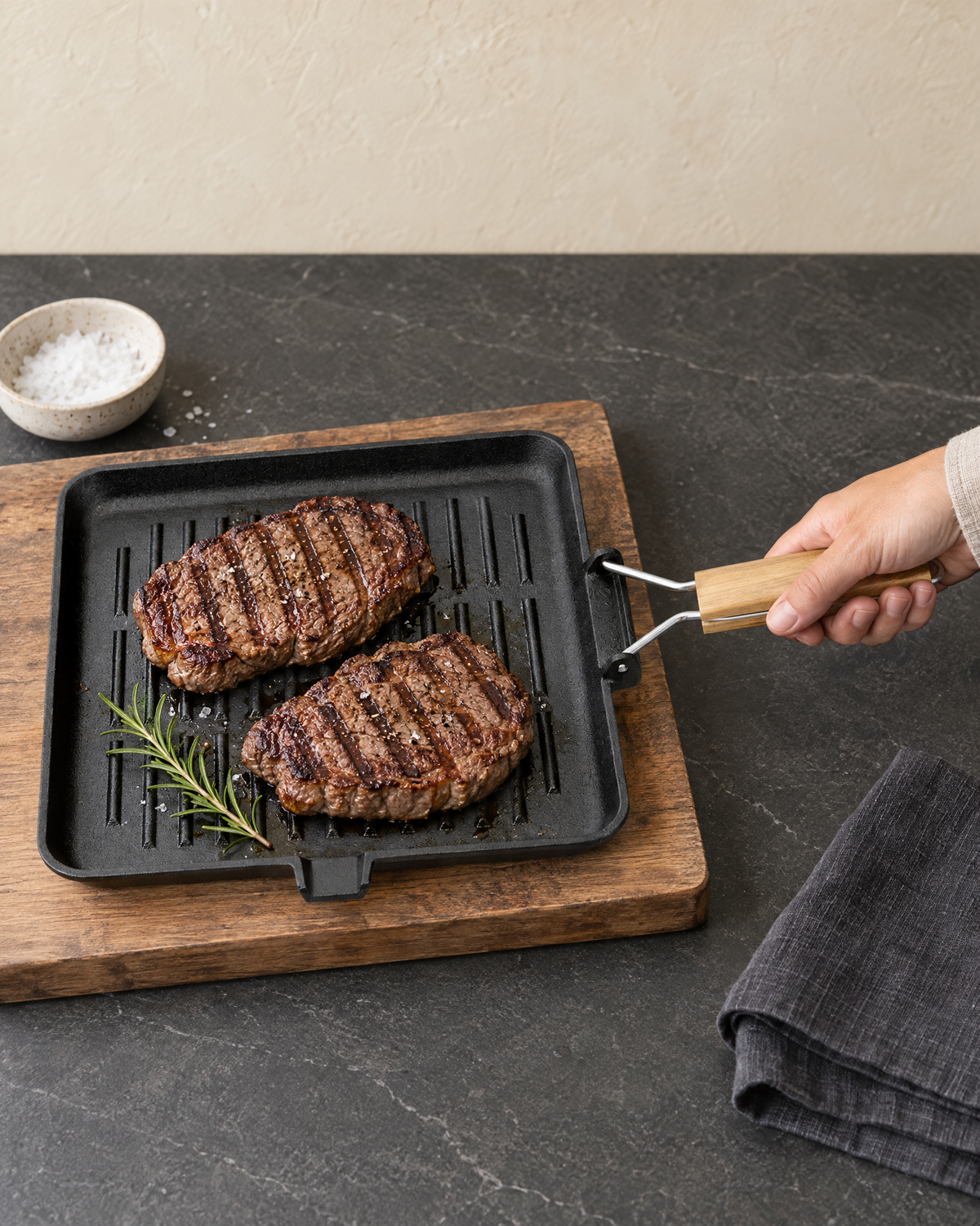 Two grilled steaks in the square cast iron grill pan on a wooden board, a hand holding the wooden grip