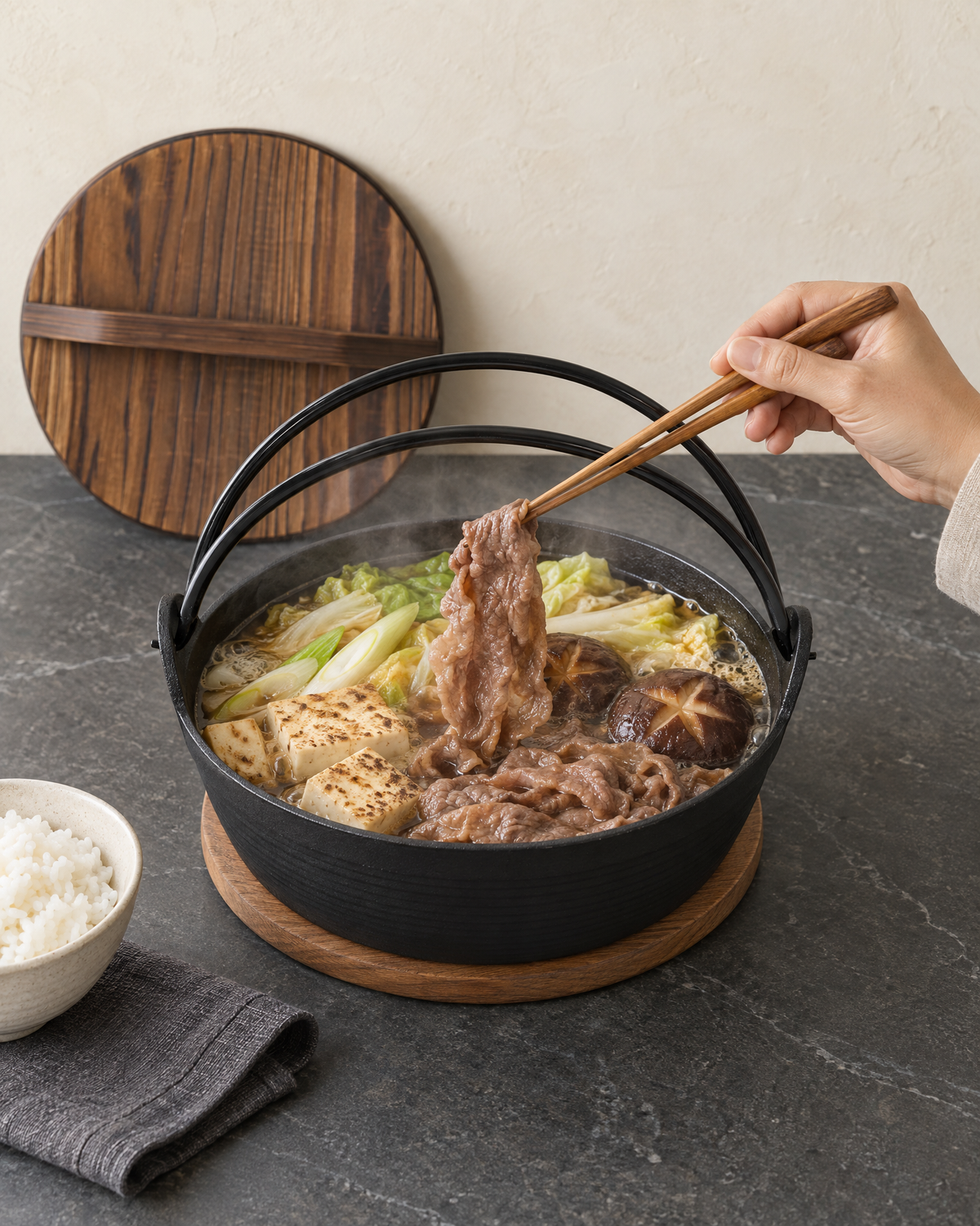 Cast iron nabe pot of sukiyaki with beef, tofu and mushrooms, beef lifted with chopsticks