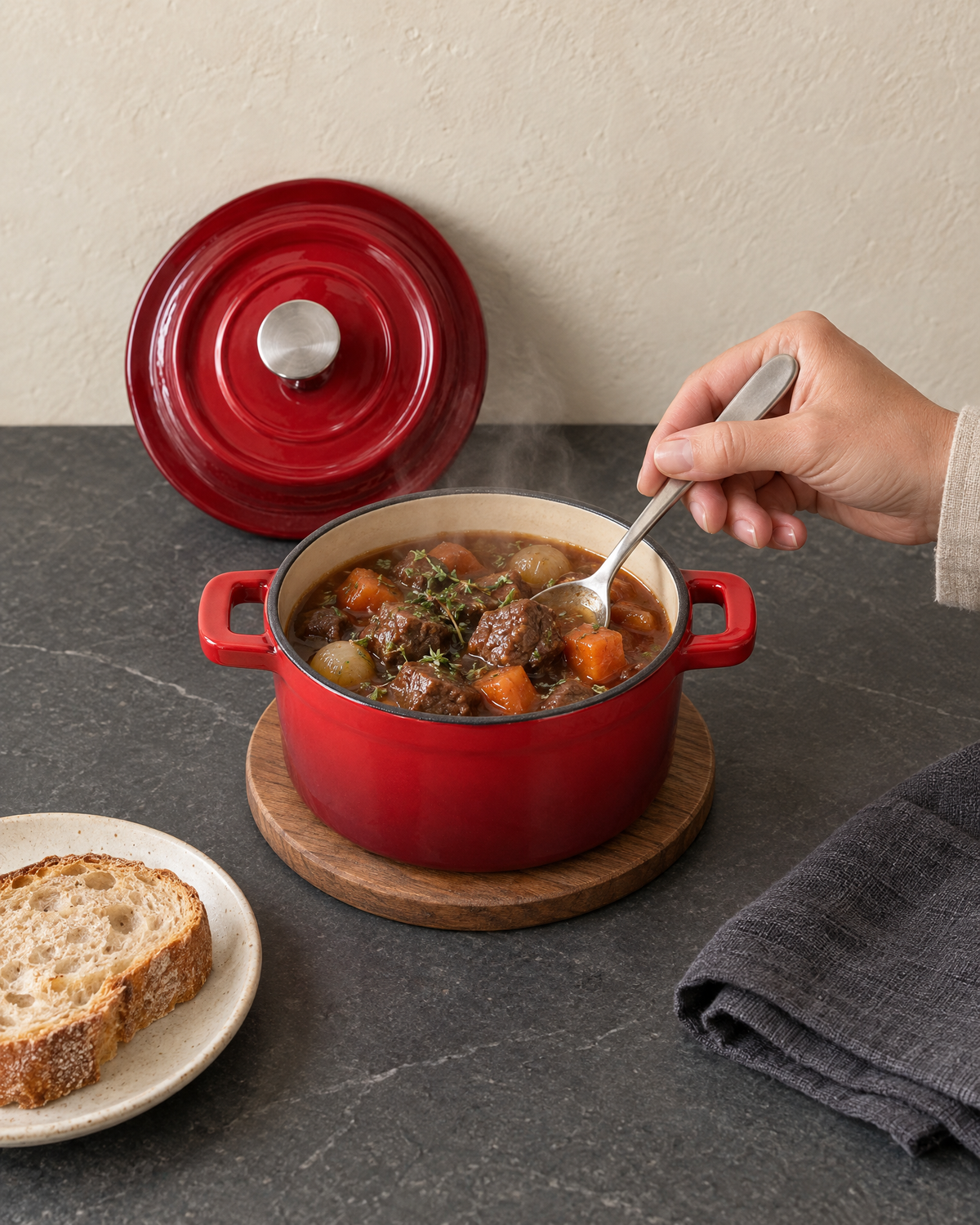 Small red enamelled Dutch oven of beef stew on a wooden trivet, its lid leaning behind