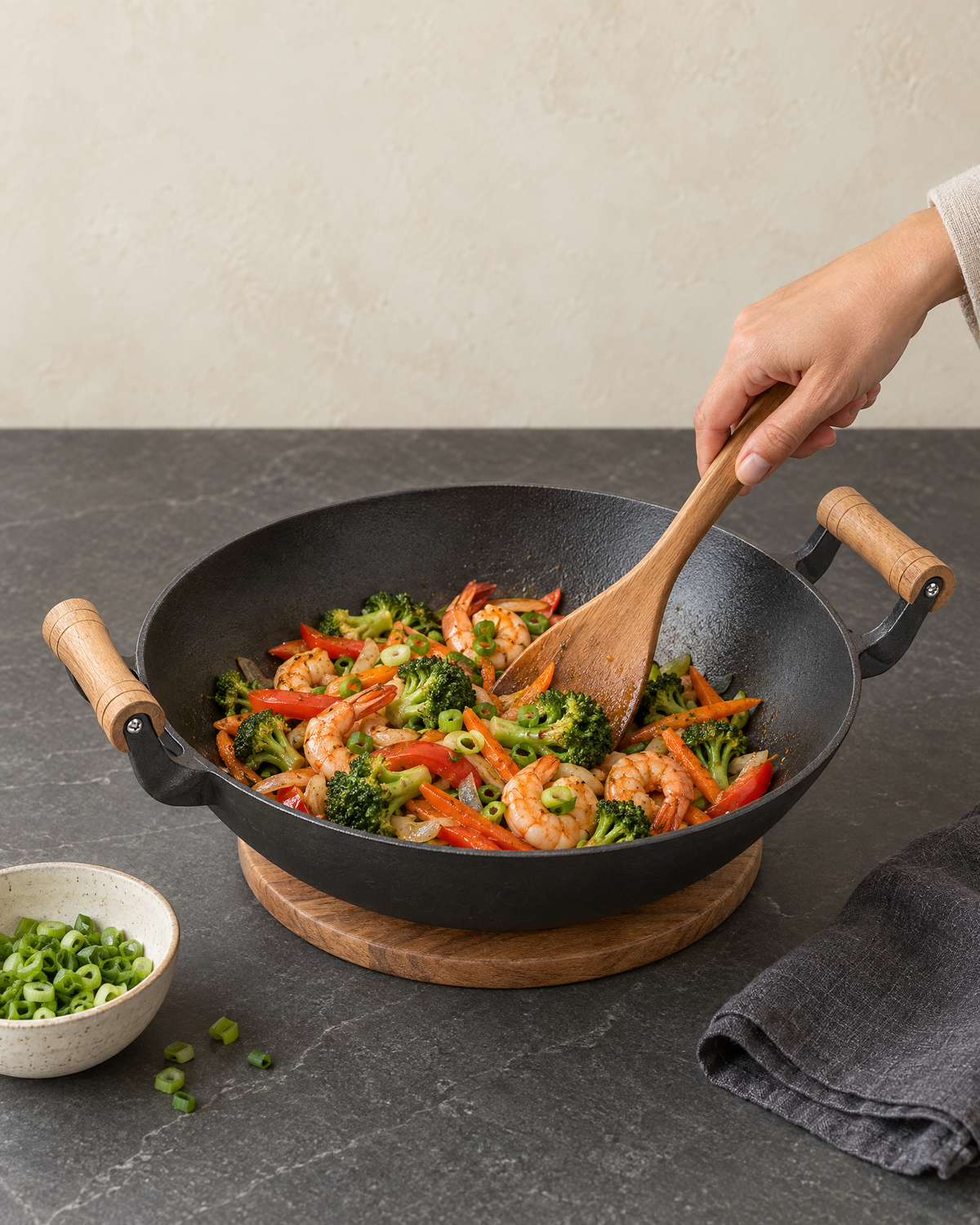 Cast iron wok with prawn and vegetable stir-fry on a wooden trivet, a hand stirring with a wooden spatula