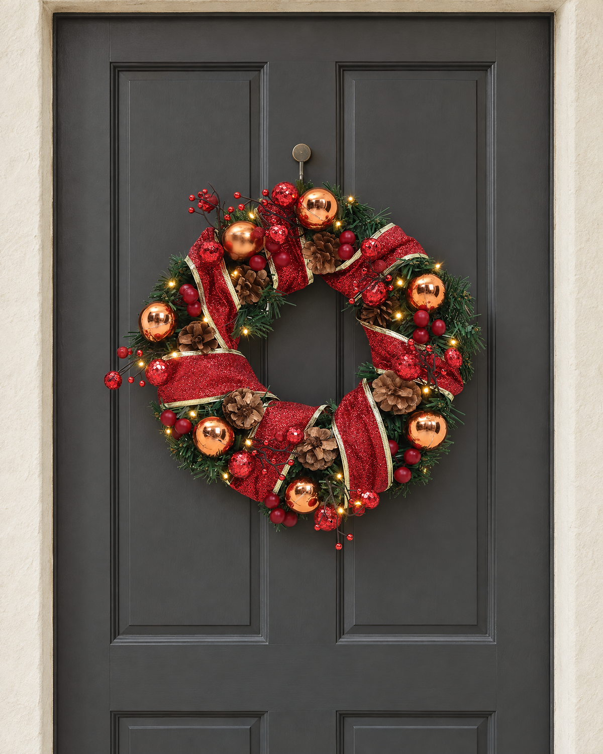 Christmas wreath with red ribbon, copper baubles, pine cones and glowing LED lights hung on a charcoal front door
