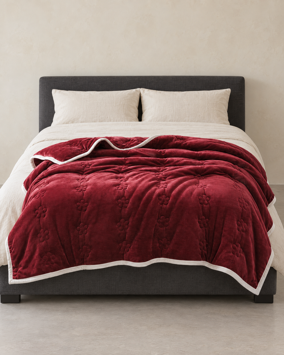 The wine red quilted blanket laid over a made bed with cream linen