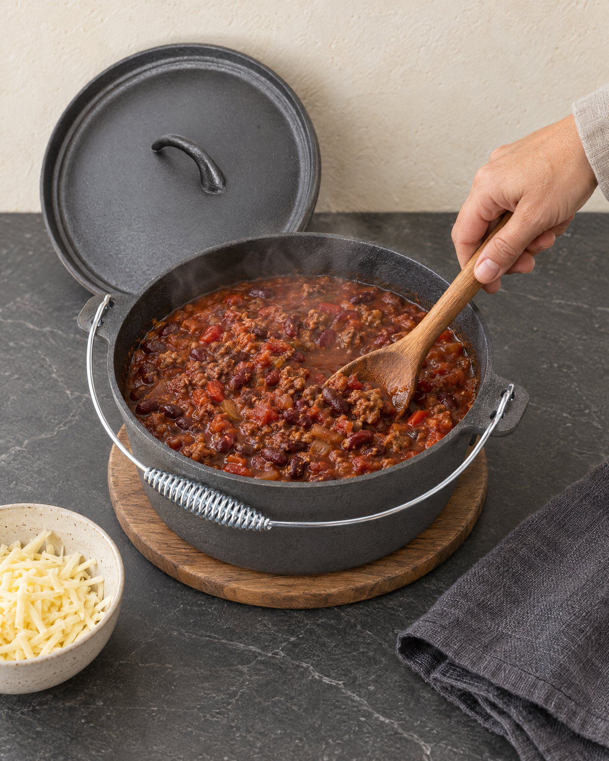 Cast iron Dutch oven of beef and bean chilli on a wooden trivet, stirred with a wooden spoon