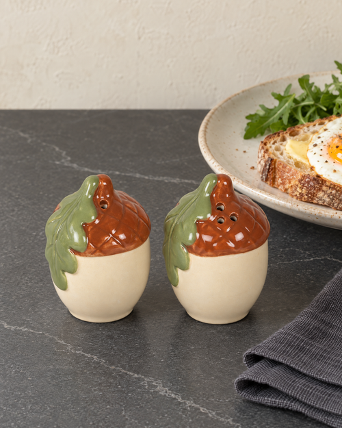 Ceramic acorn salt and pepper shakers on a charcoal worktop beside a plate of toast with a fried egg