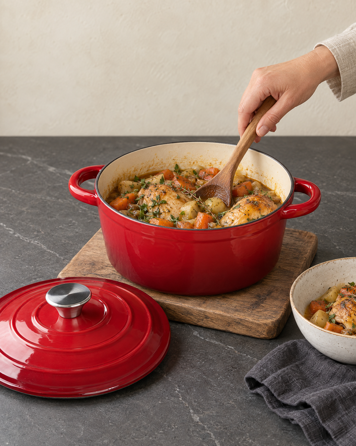 Red enamelled cast iron Dutch oven filled with chicken casserole on a wooden board, lid set beside it