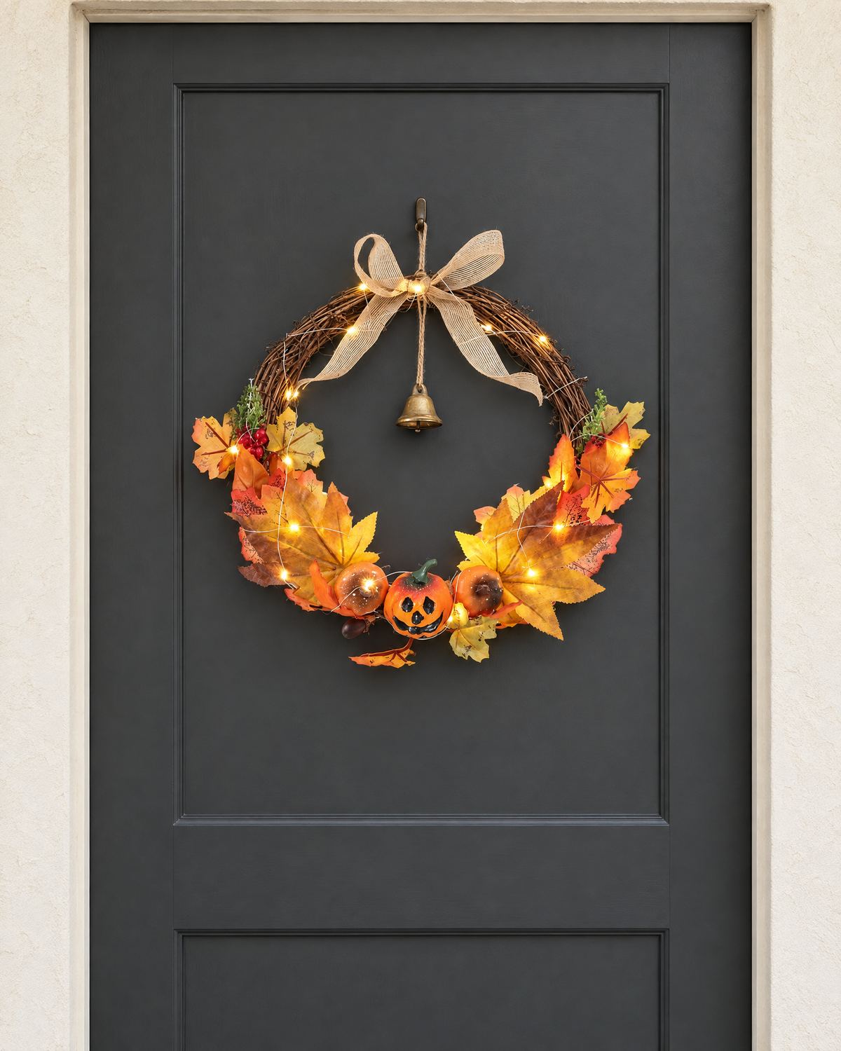 The harvest wreath with burlap bow and bell, lights on, hung on a charcoal front door