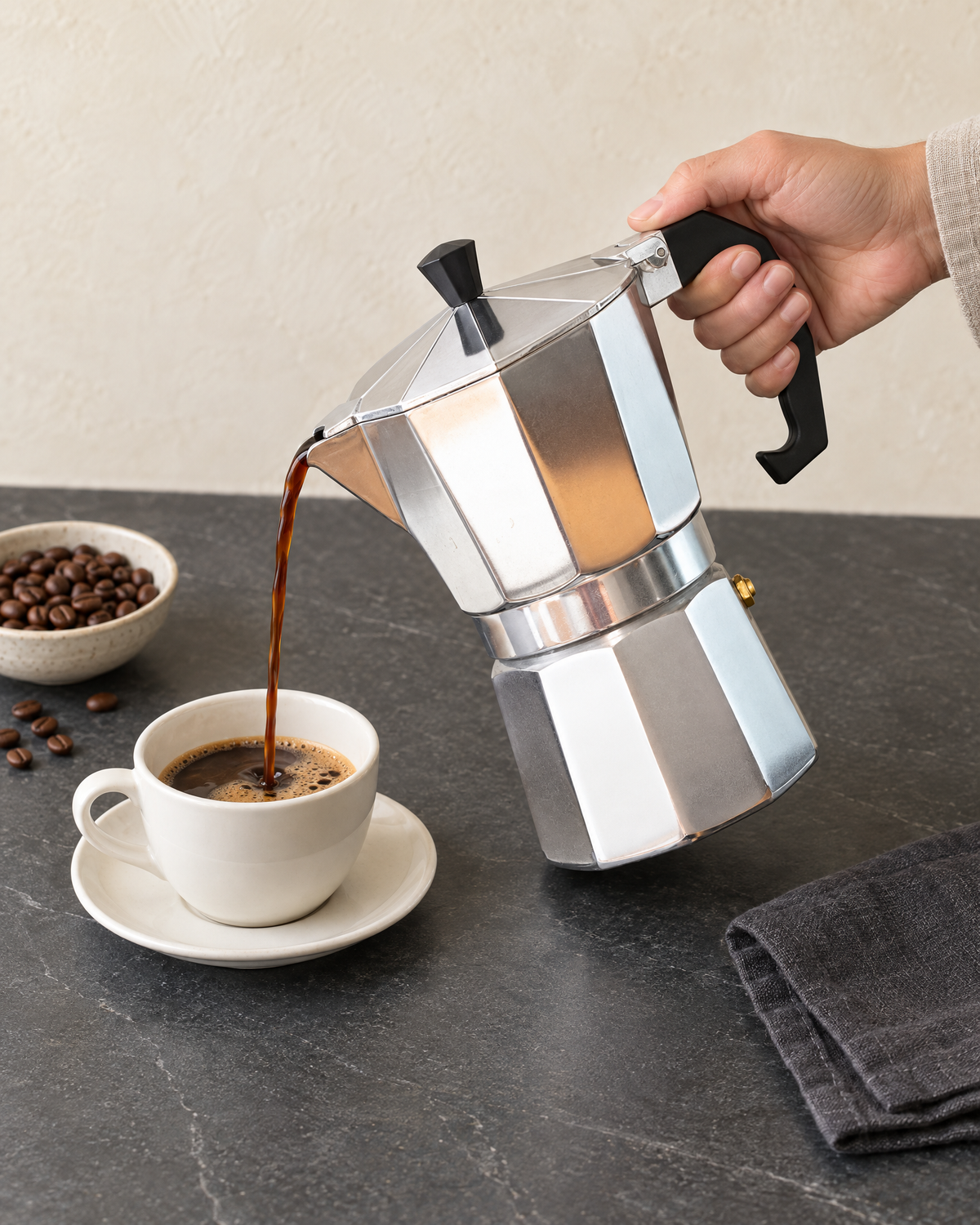 Hand pouring coffee from the aluminium moka pot into a white cup on a saucer