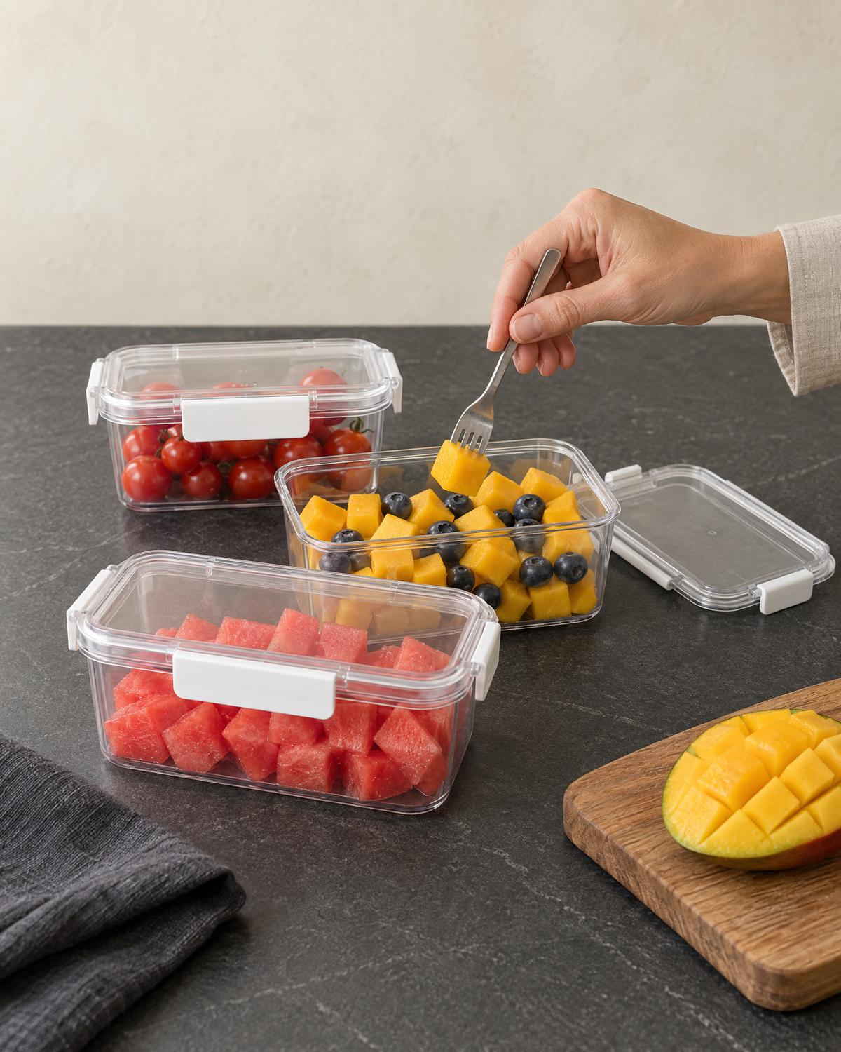 Clear food boxes filled with watermelon, mango and blueberries, and cherry tomatoes on a dark worktop, a hand lifting mango with a fork