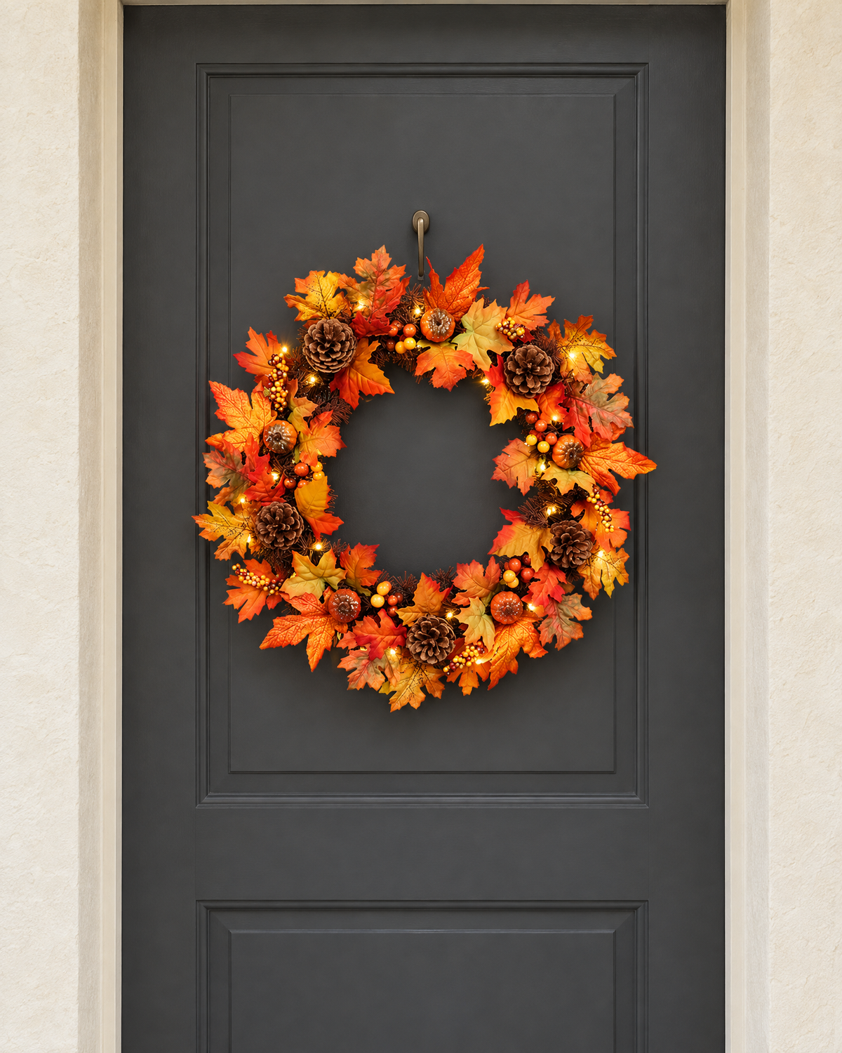 The orange autumn wreath with its lights glowing, hung on a charcoal front door