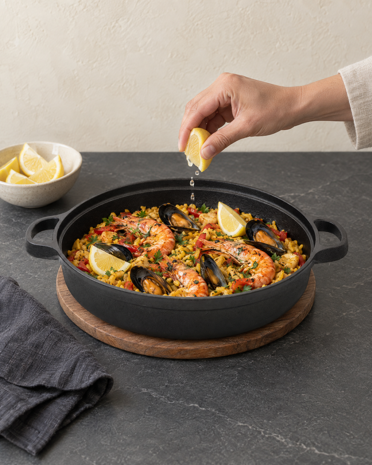 Cast iron skillet with two handles filled with seafood paella, a hand squeezing lemon over it