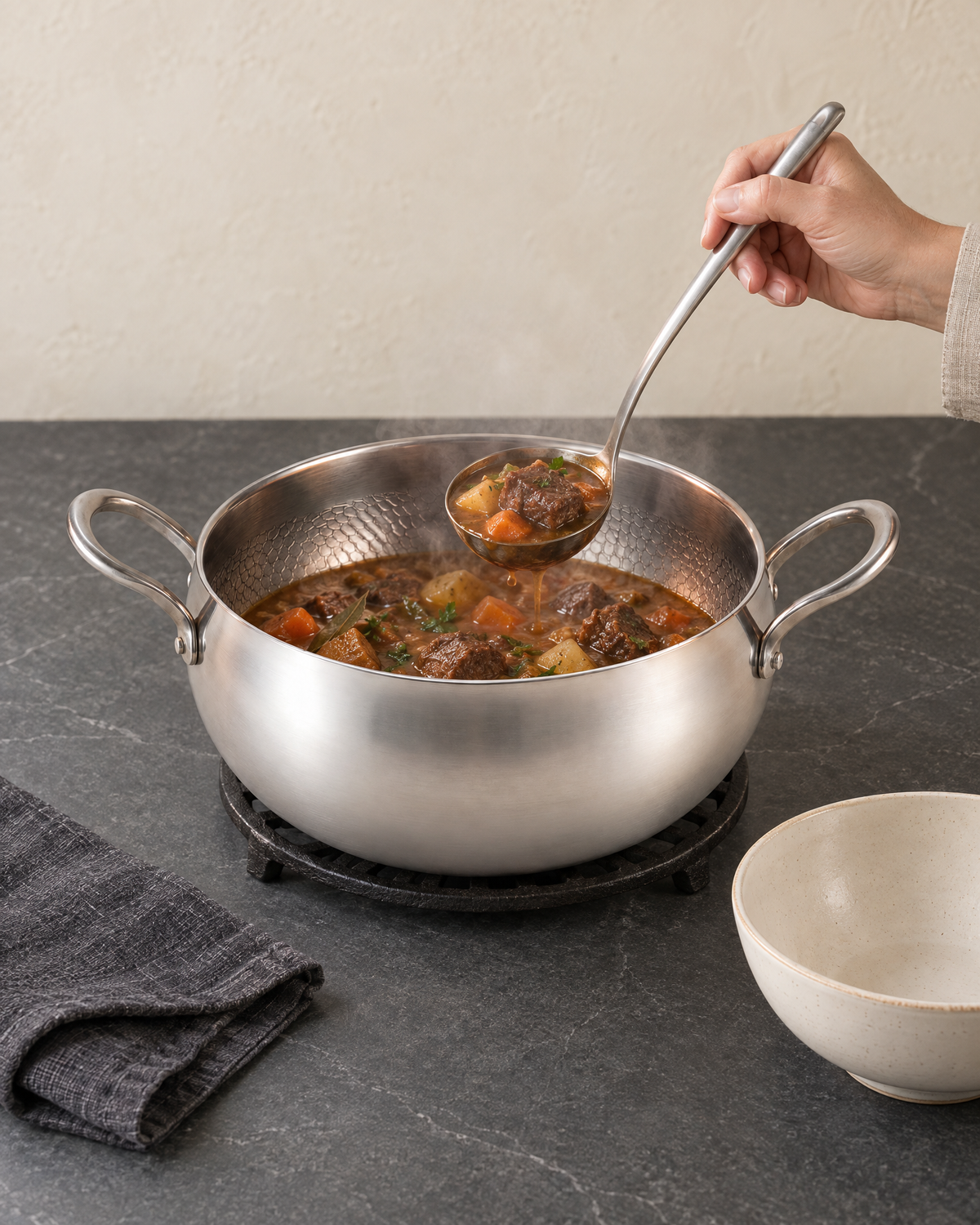 The titanium stock pot full of beef and vegetable stew on a trivet, a hand lifting a ladle of stew